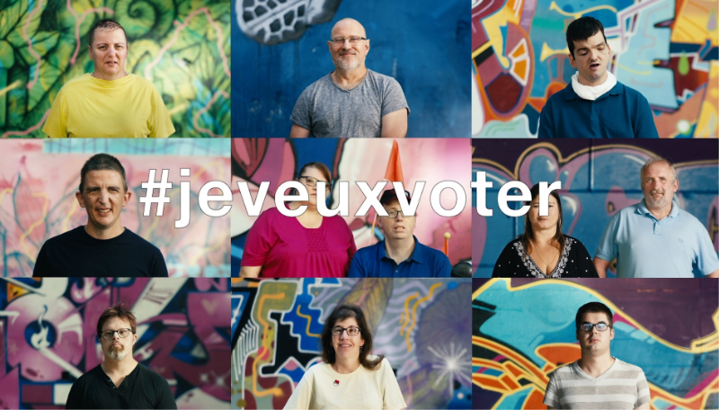 L'image met en scène un collage de neuf portraits sur lequel figure la phrase #jeveuxvoter.