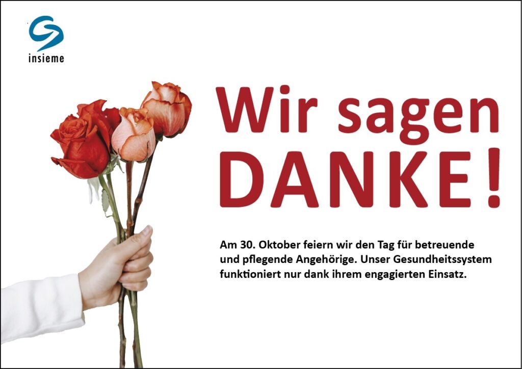 Eine Hand hält einen Strauss Rosen, daneben ist zu lesen: "Wir sagen danke!"