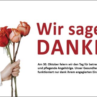 Eine Hand hält einen Strauss Rosen, daneben ist zu lesen: 