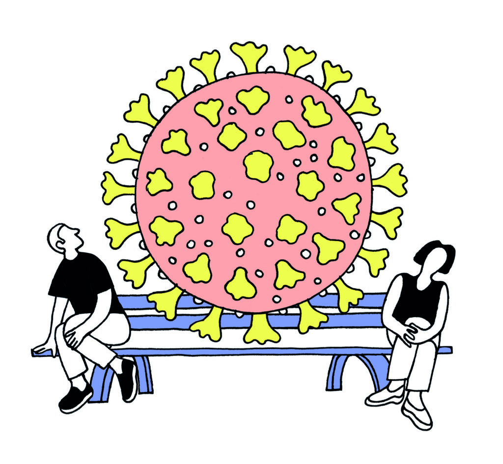 Auf einer Zeichnung sitzen ein Mann und eine Frau auf einer Parkbank und habe zwischen sich ein überdimensioniertes Coronavirus.