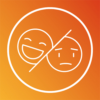 Un visage content et un visage triste, séparés par une barre oblique. / Ein fröhliches und ein trauriges Gesicht, getrennt durch einen Schrägstrich.