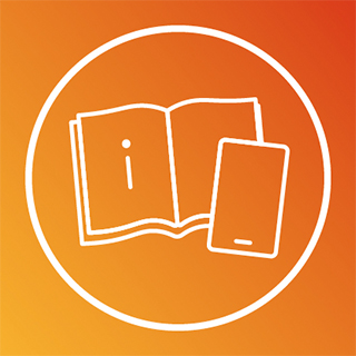 Tablette et brochure ouverte avec une icône d’information (