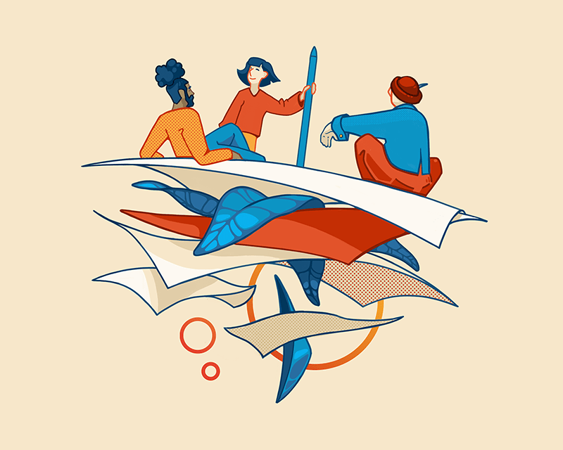 Un groupe de personne est assis sur des feuilles de papier qui s'envolent. //Eine Gruppe von Menschen sitzt auf Papierblättern, die davonfliegen.